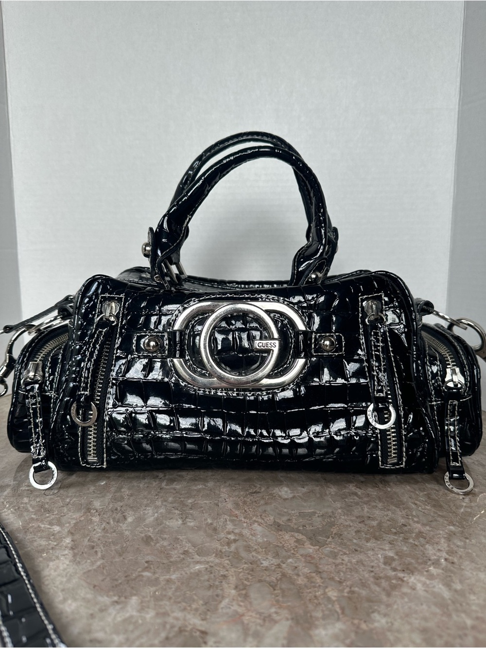 VTG GUESS Y2K Black Patent Croc Bag McBling Goth Cyber Grunge Punk Rock Satchel